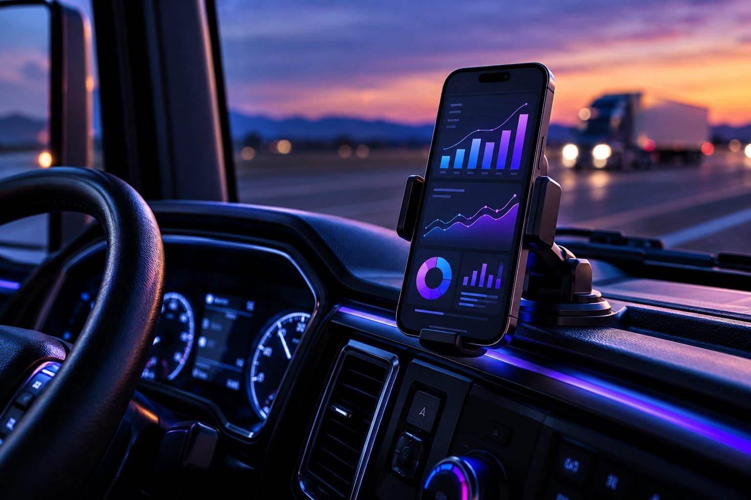 Smartphone in a vehicle mount showing an ad-performance dashboard