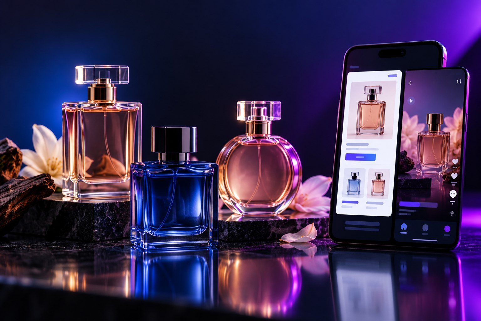 Unbranded perfume bottles beside a smartphone showing an online store and short-video feed
