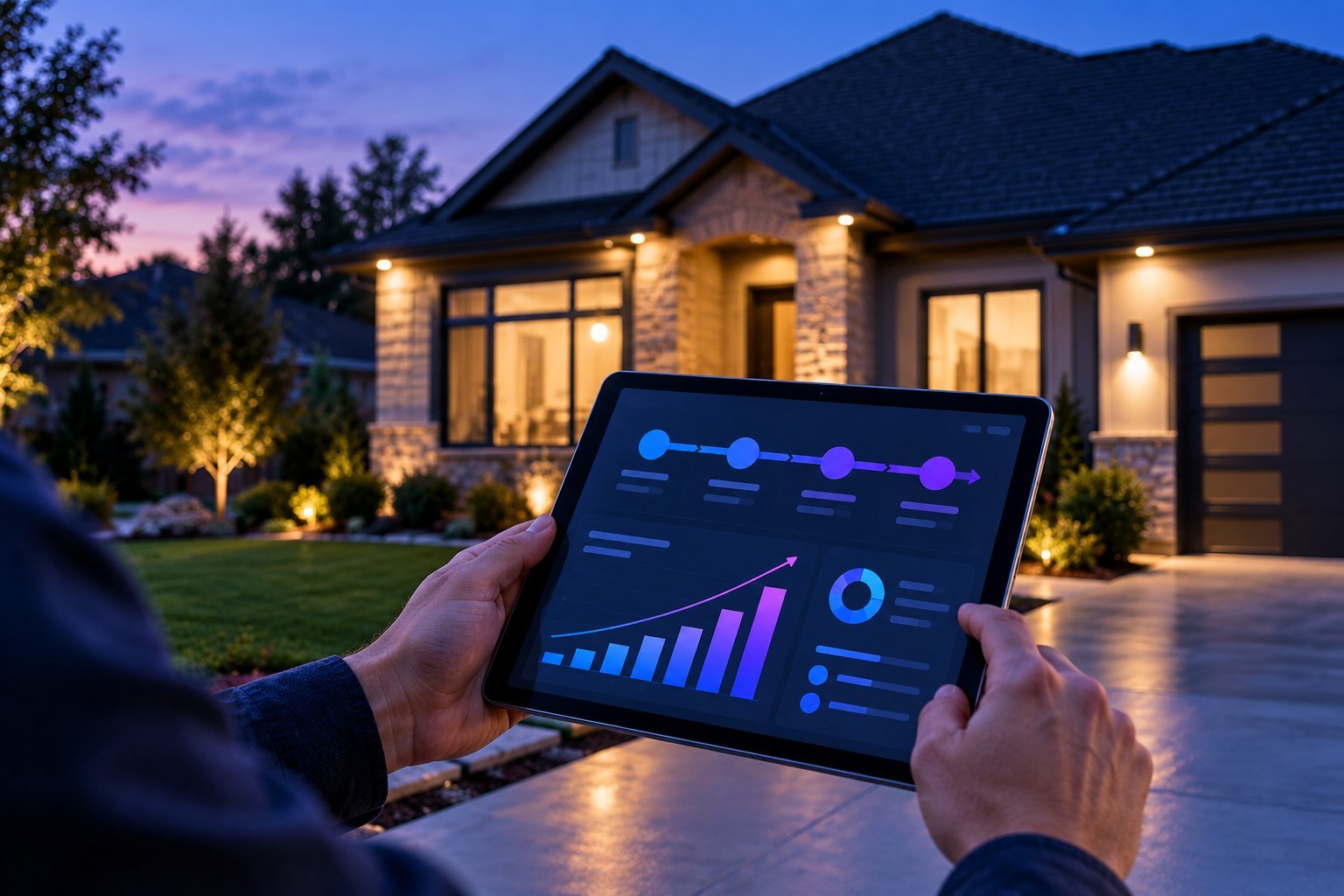 Tablet showing a 90-day growth roadmap in front of a suburban home at dusk