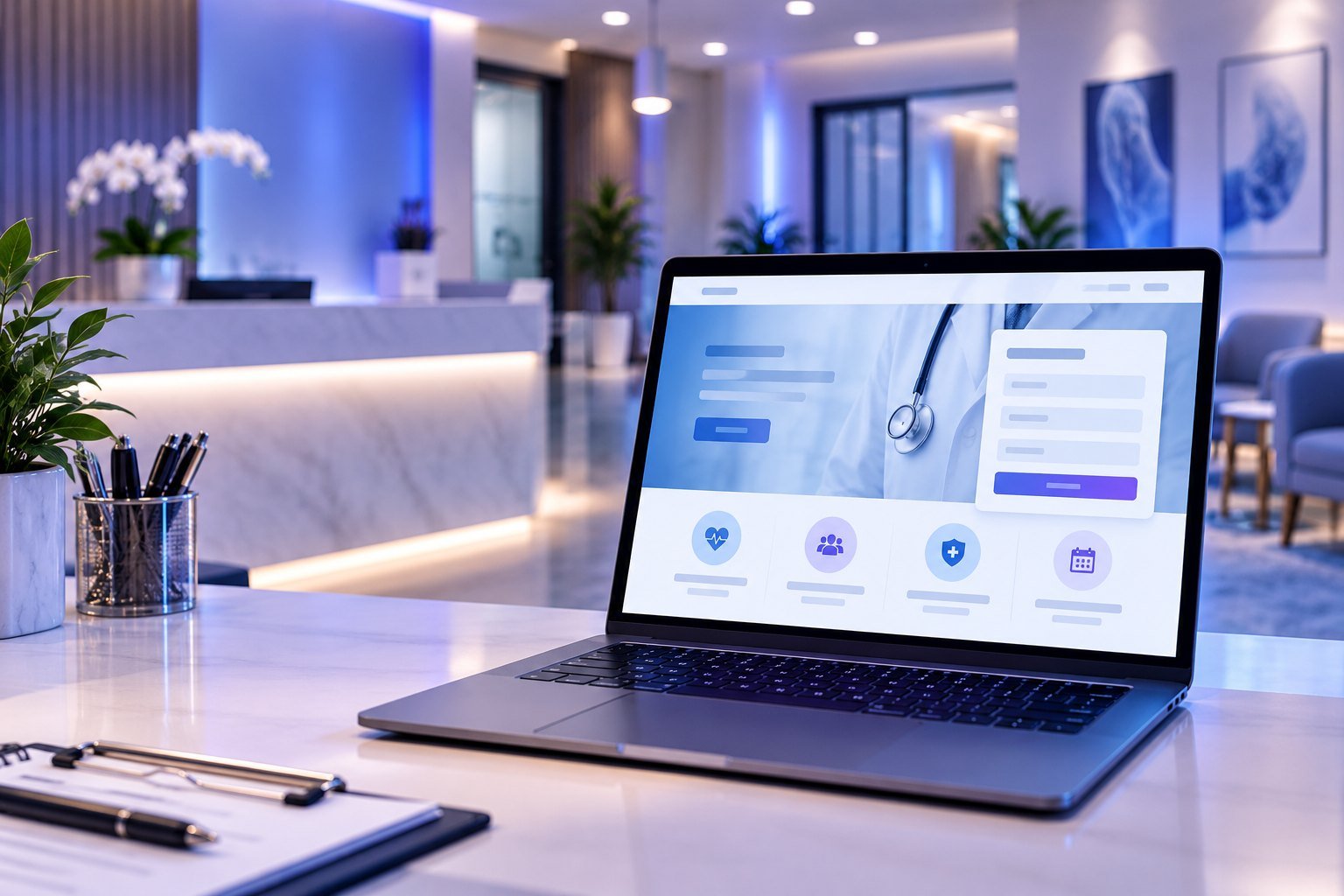 Laptop showing a clinic website with an appointment form in a modern medical reception