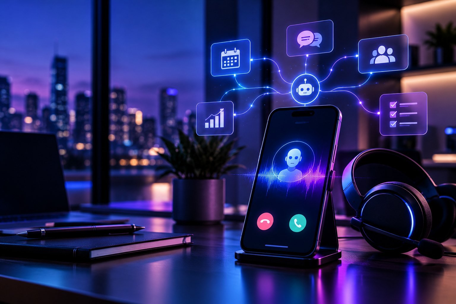 Smartphone showing an AI voice call connected to calendar, chat and CRM workflow icons