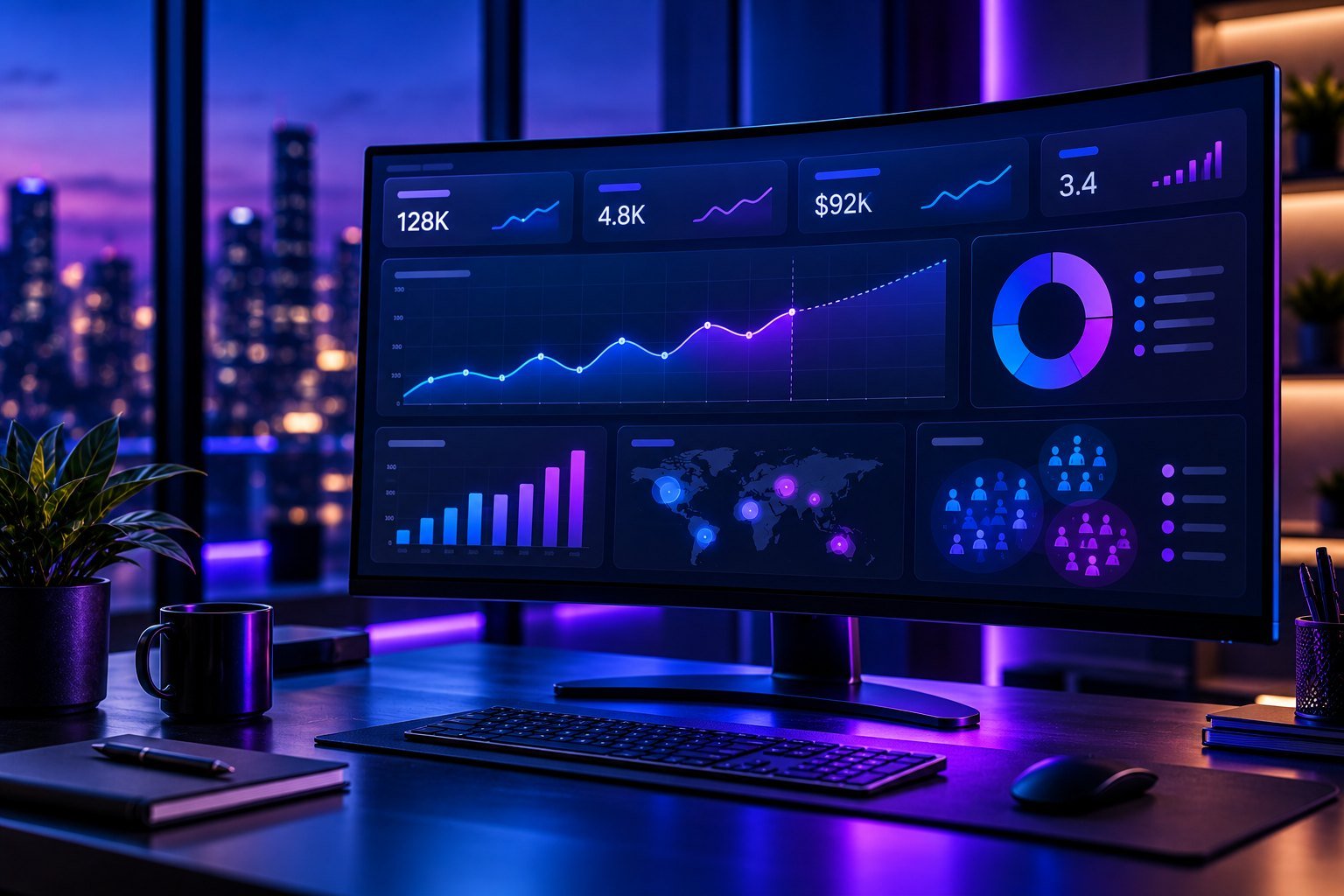 Analytics dashboard with KPI tiles, forecast line chart and customer segments