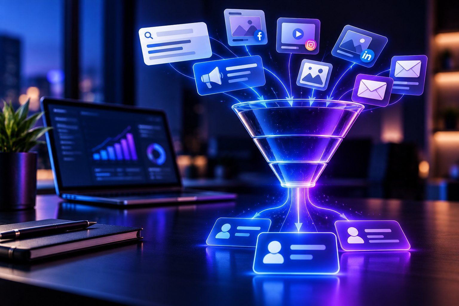Glowing marketing funnel turning ads, search, social and email into qualified leads