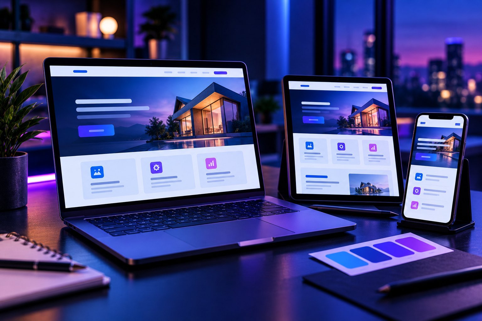 Laptop, tablet and phone showing a modern responsive website with a brand color palette